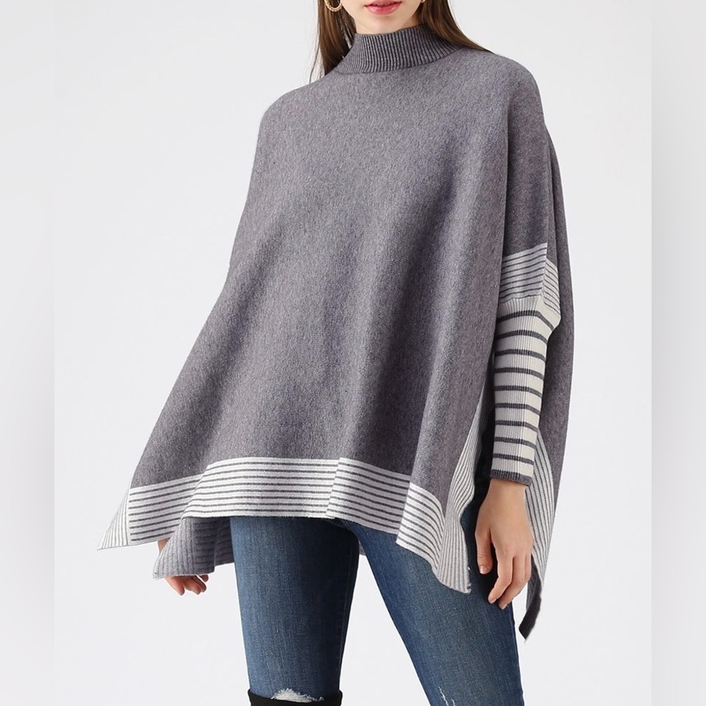 Zenana striped gray poncho women’s Xsmall new‎